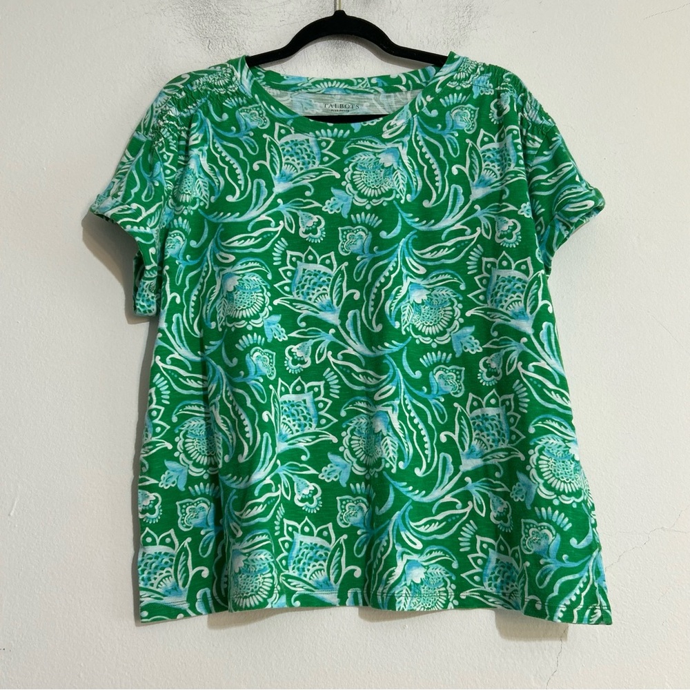 Talbots Smocked Shoulder Crewneck Tee Bright Green Multi 2XP Coastal Summer